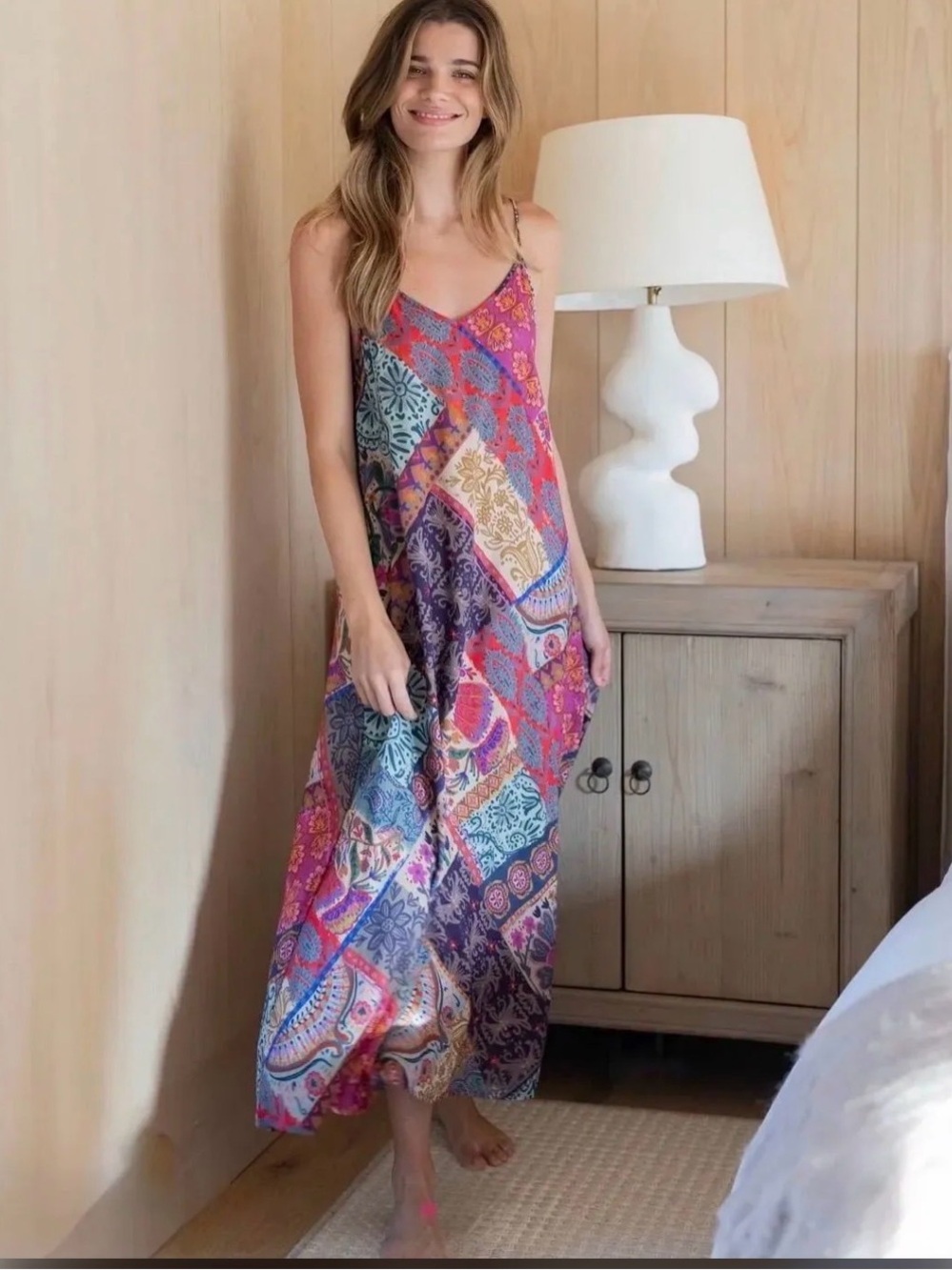 natural Life Lizzie Patchwork Relaxed Slip Midi Dress Boho Size M